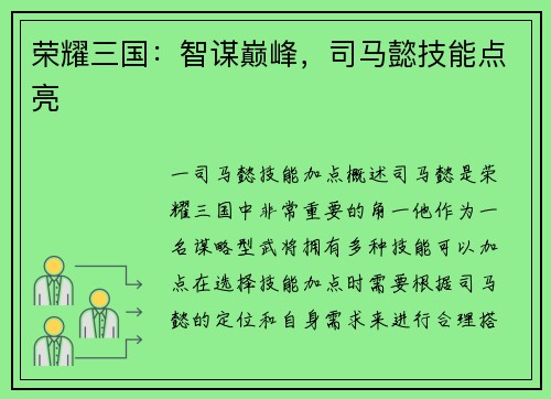 荣耀三国：智谋巅峰，司马懿技能点亮
